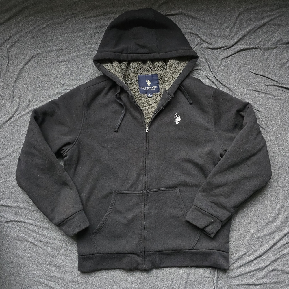 US Polo Assn. Mens XL Black Sherpa Lined Jacket Full Zip Hoodie Pockets